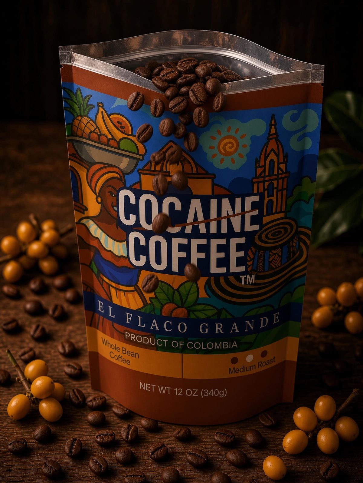 Open bag of El Flaco Grande whole-bean coffee with roasted beans spilling from the top
