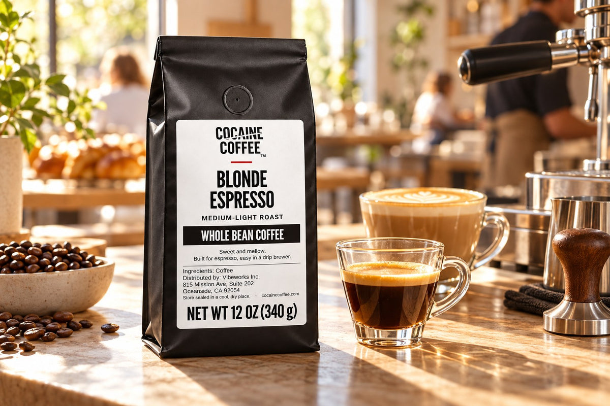 Blonde Espresso coffee bag with a freshly brewed cup