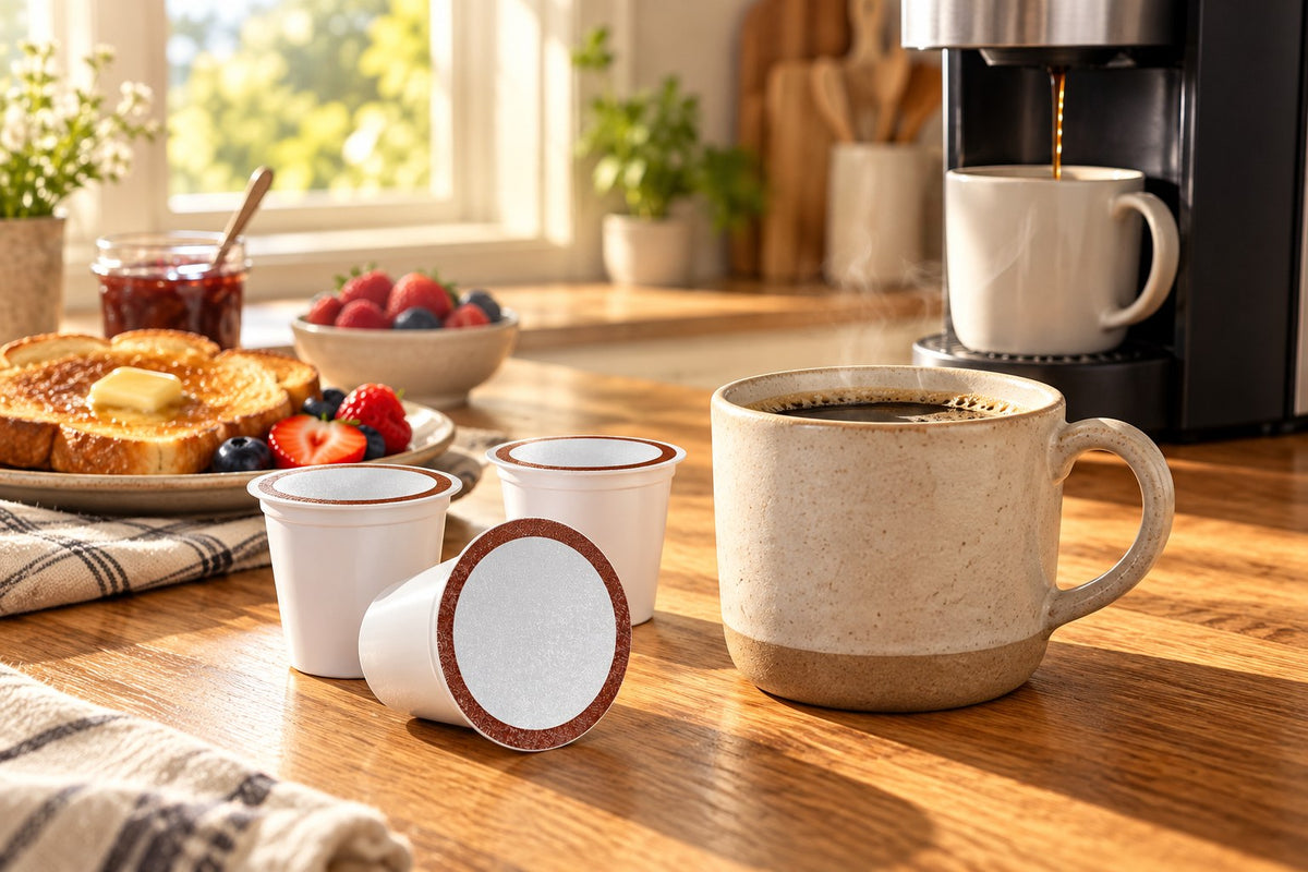 Breakfast Blend single-serve cups beside a mug of coffee