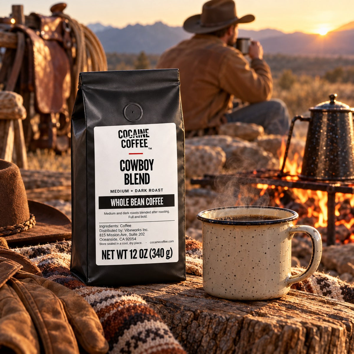 Cowboy Blend coffee bag on the table with a cup of coffee