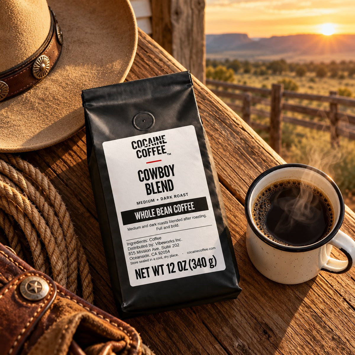 Cowboy Blend coffee bag with beans and a cup, top view