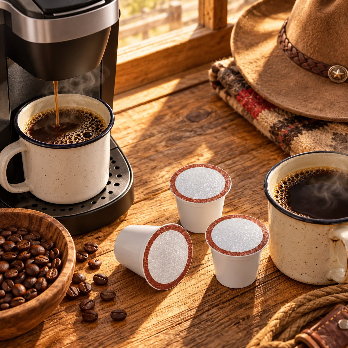 Cowboy Blend single-serve cups with a cup of coffee, top view