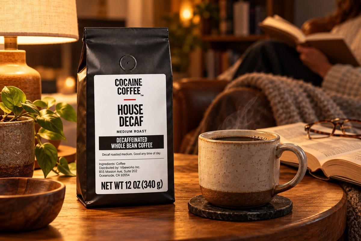 House Decaf coffee bag with a freshly brewed cup