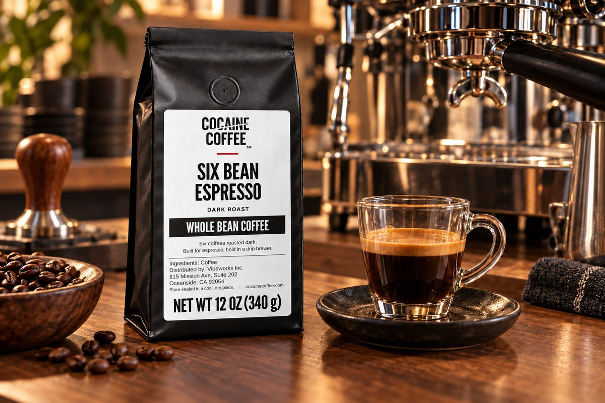 Six Bean Espresso coffee bag with a freshly brewed cup