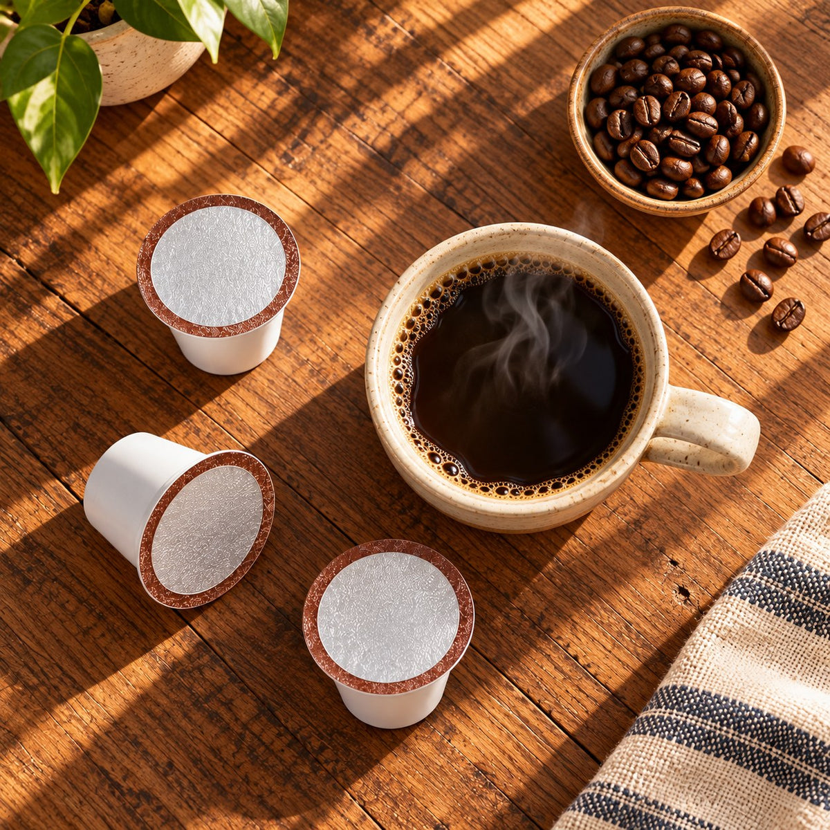 Six Bean Espresso single-serve cups with a cup of coffee, top view
