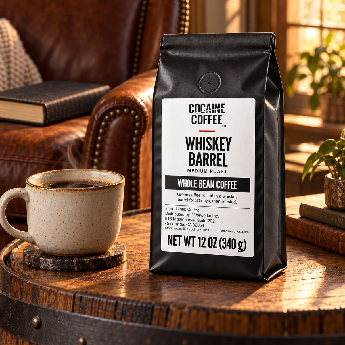 Whiskey Barrel coffee bag on the table with a cup of coffee
