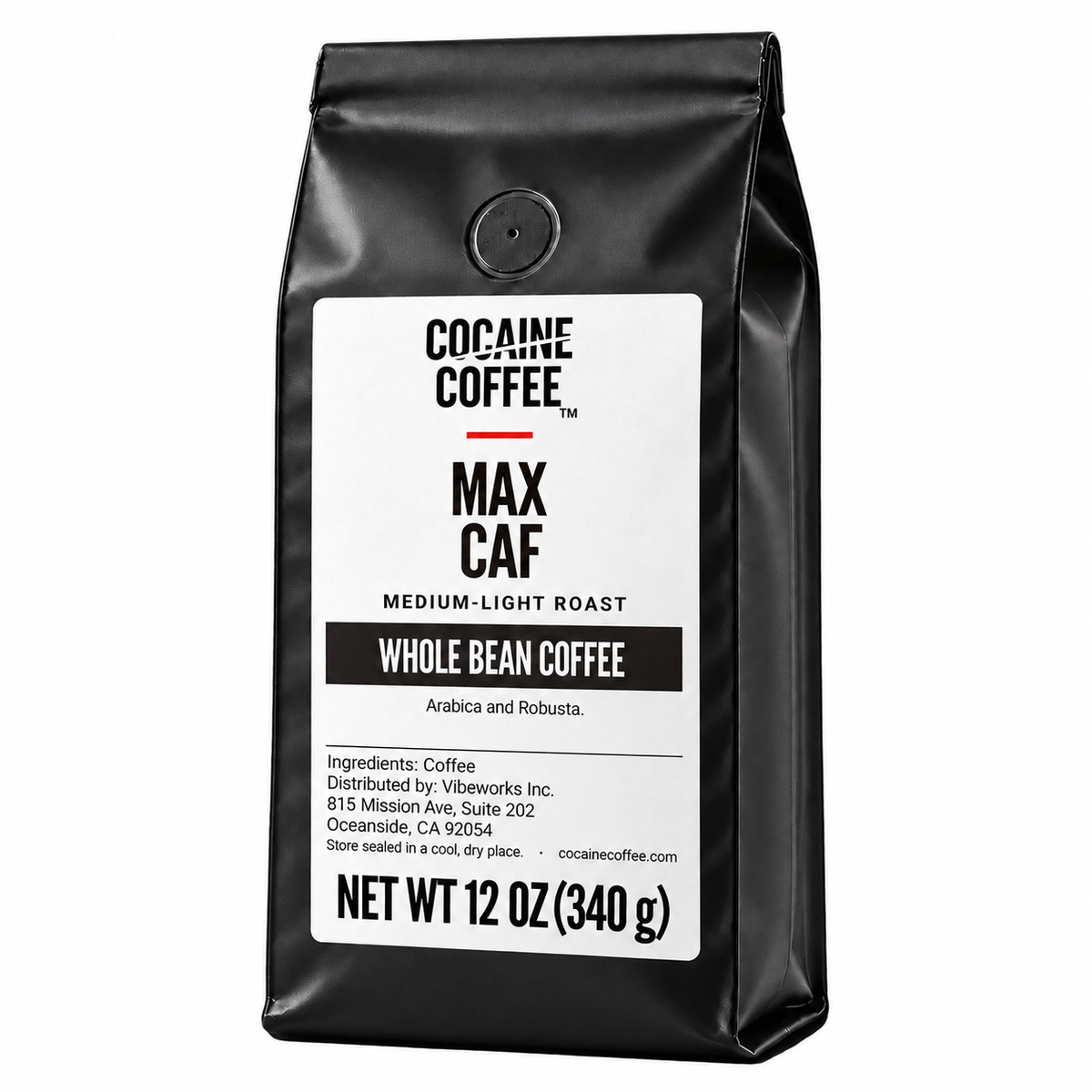 Max Caf, medium-light Arabica and Robusta blend, 12 oz whole bean bag
