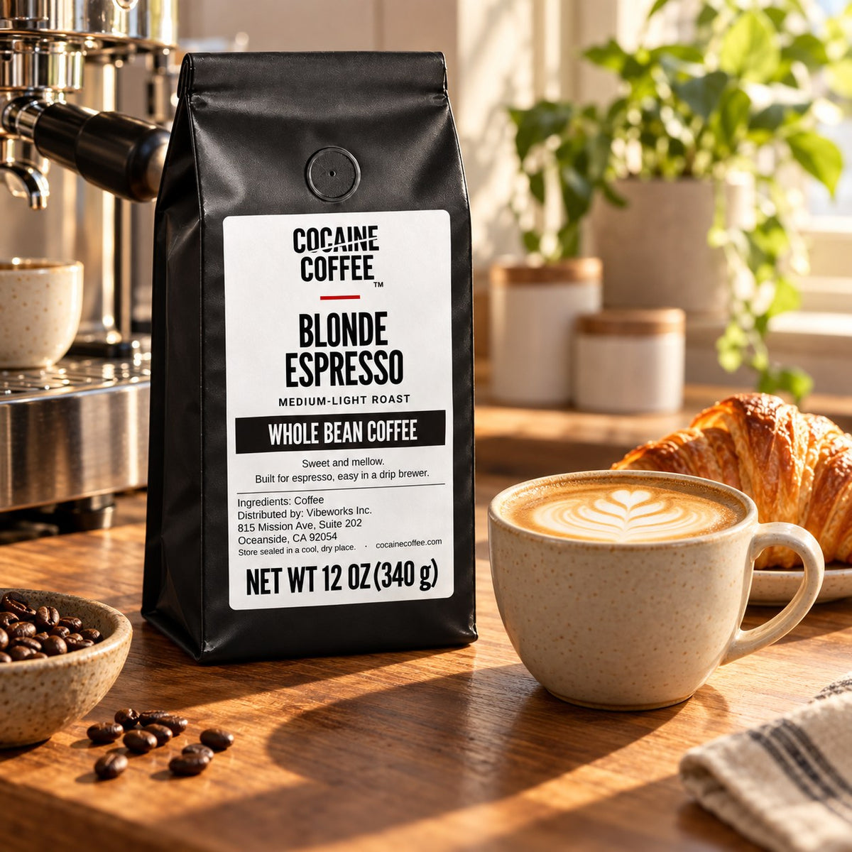 Blonde Espresso coffee bag on the table with a cup of coffee