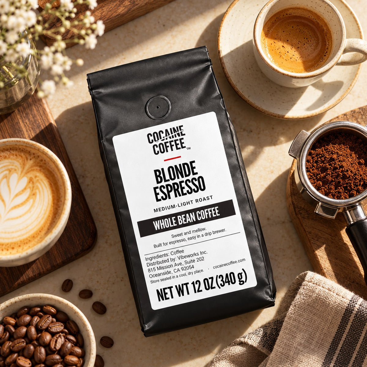 Blonde Espresso coffee bag with beans and a cup, top view