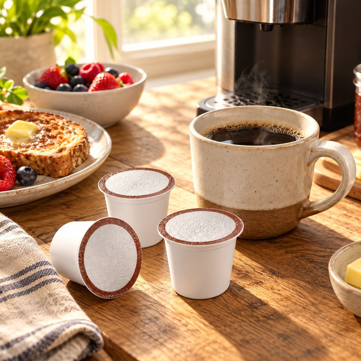 Breakfast Blend single-serve cups with a cup of coffee, top view