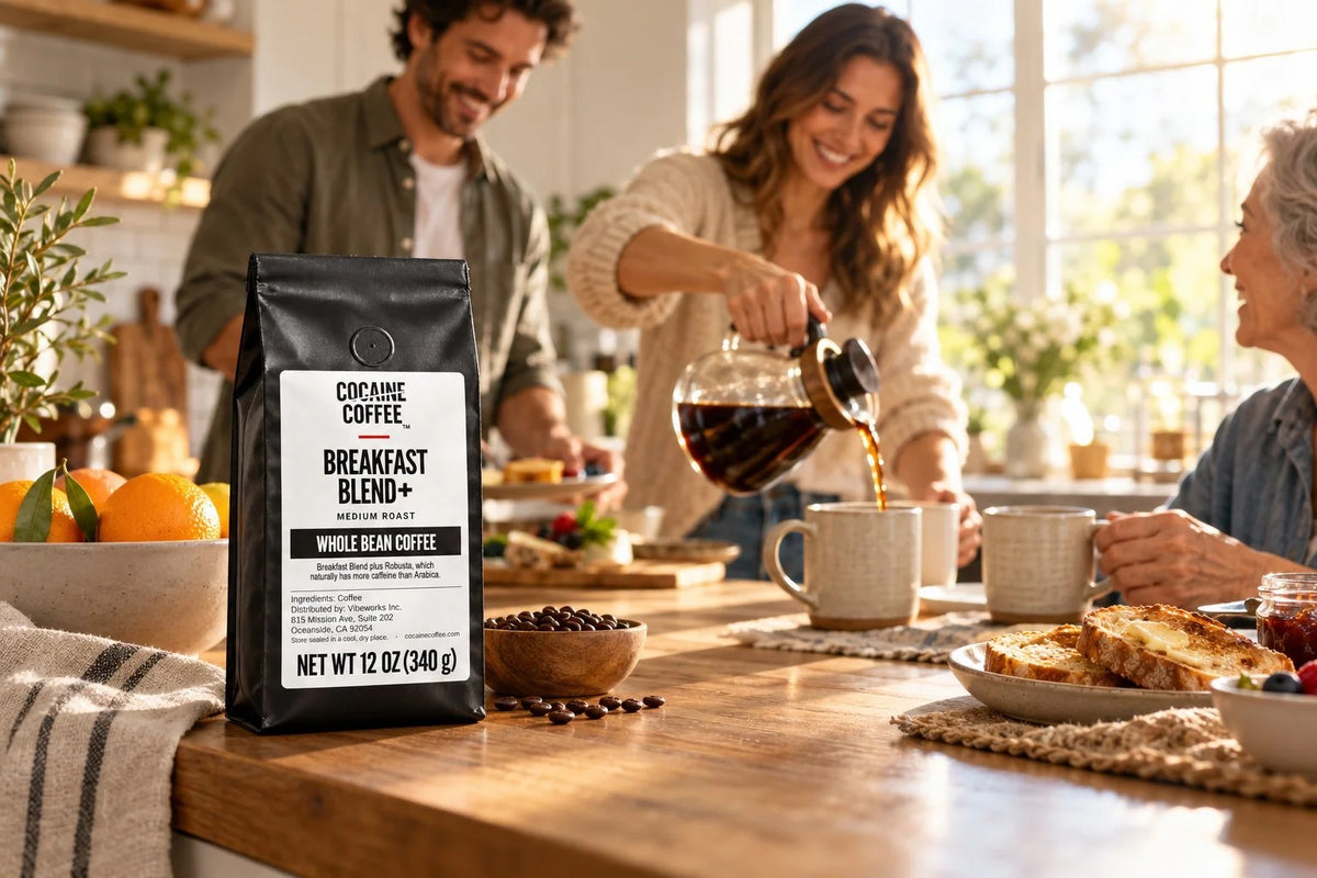 Breakfast Blend+ bag on a breakfast table with a fresh pot of coffee