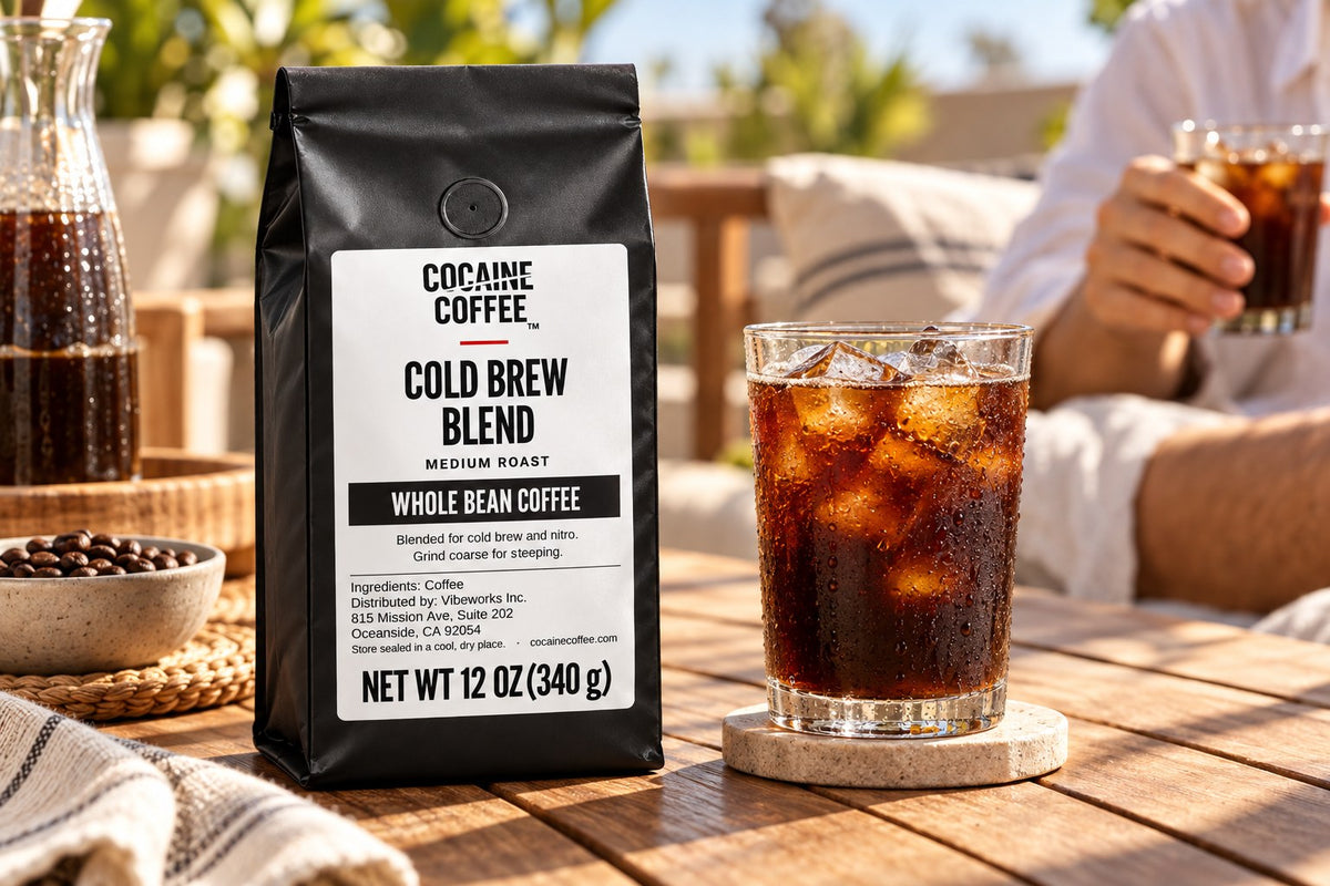 Cold Brew Blend coffee bag with a freshly brewed cup