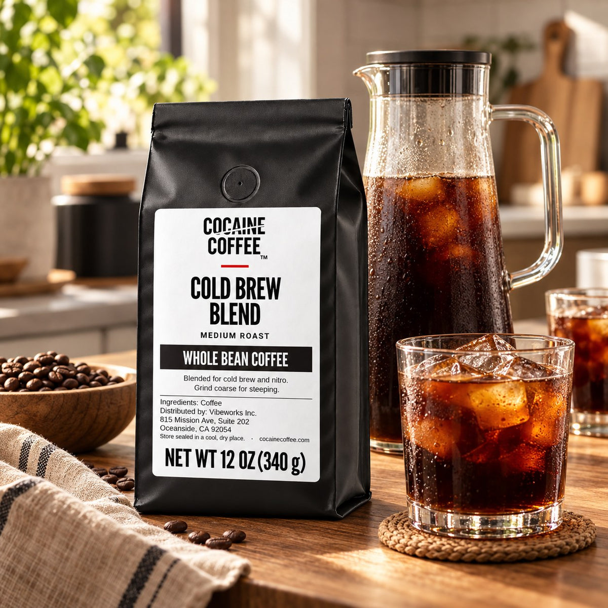 Cold Brew Blend coffee bag on the table with a cup of coffee