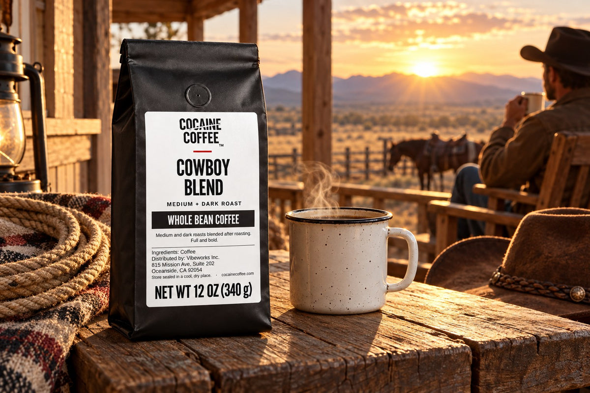 Cowboy Blend coffee bag with a freshly brewed cup