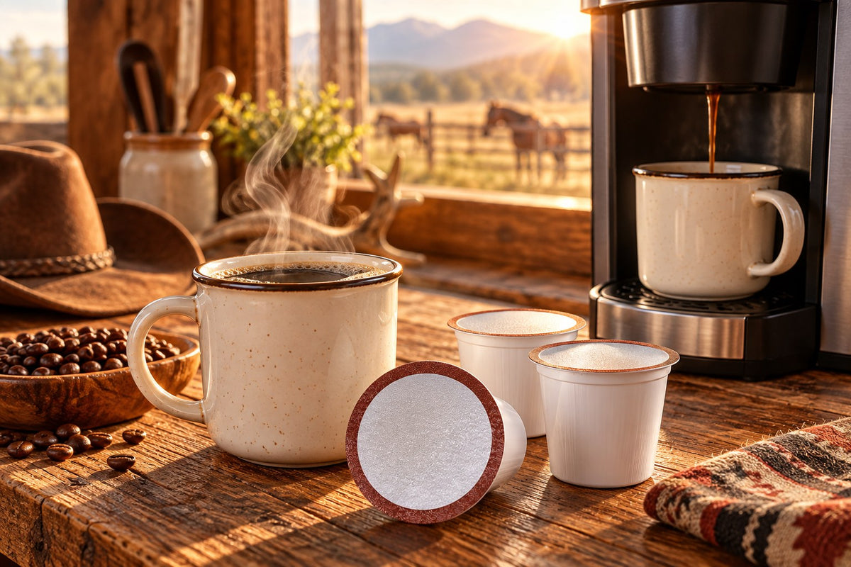 Cowboy Blend single-serve cups beside a mug of coffee