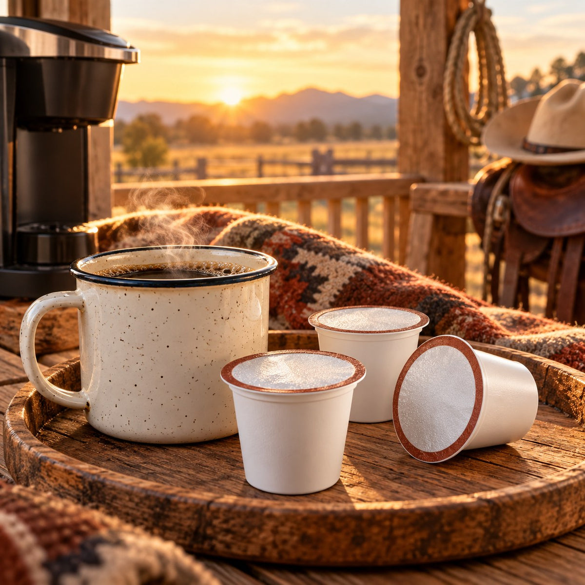 Single-serve cups and a fresh mug of Cowboy Blend