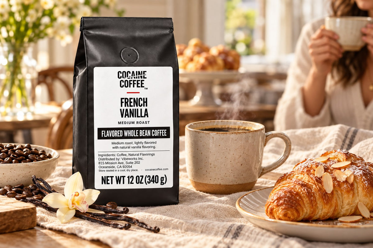 French Vanilla coffee bag with a freshly brewed cup