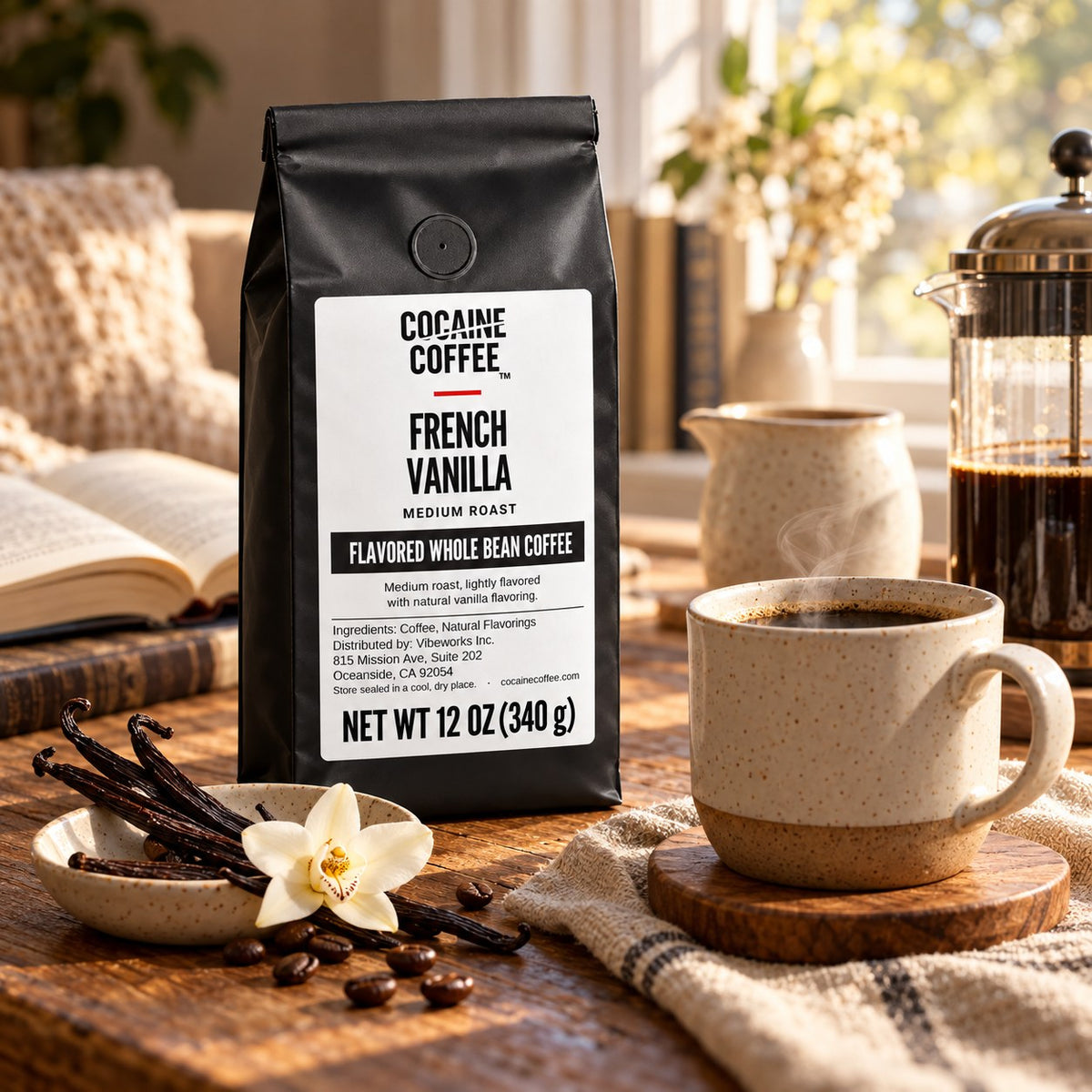 French Vanilla coffee bag on the table with a cup of coffee