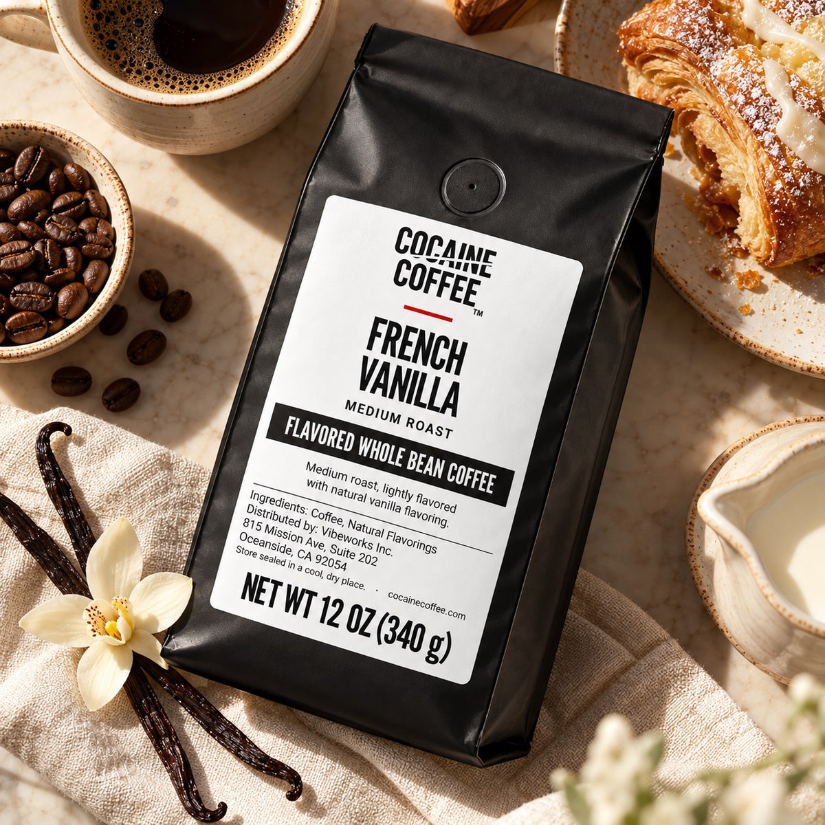 French Vanilla coffee bag with beans and a cup, top view