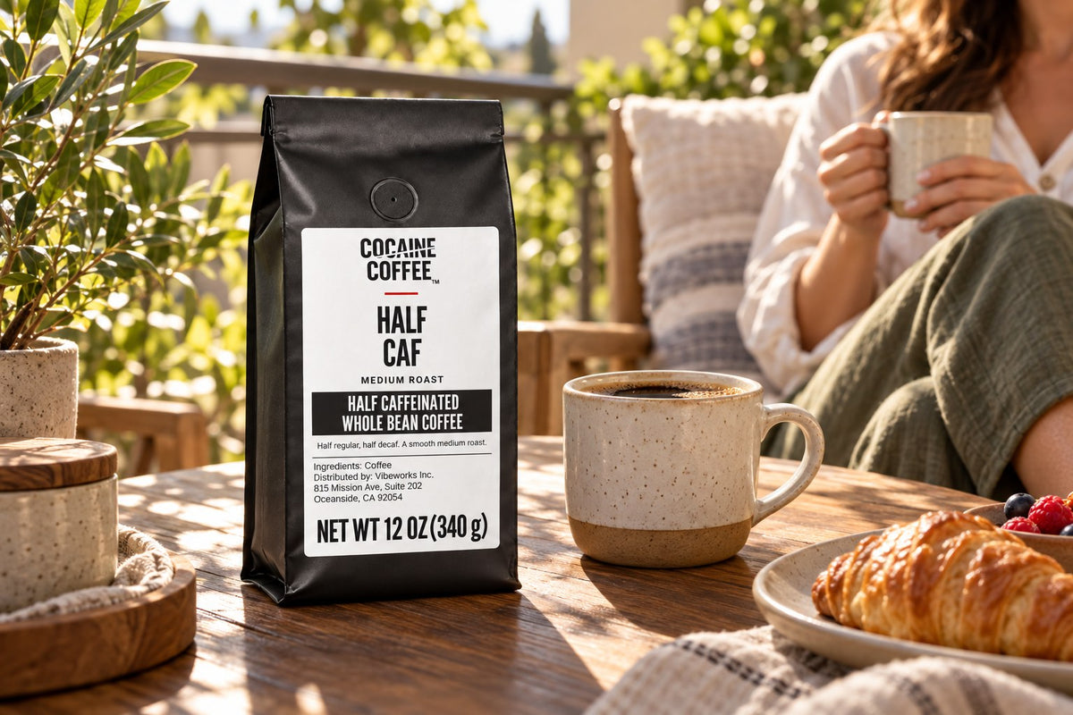 Half Caf coffee bag with a freshly brewed cup