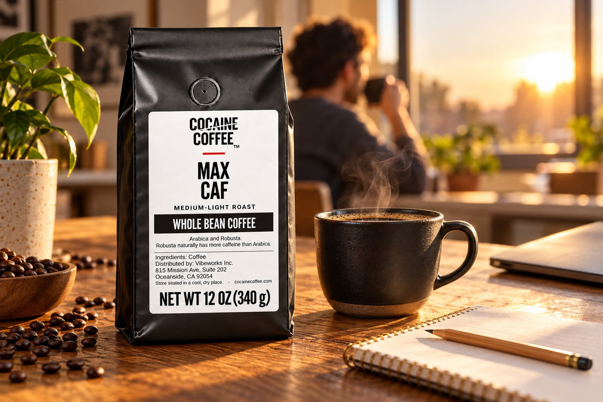Max Caf coffee bag with a freshly brewed cup