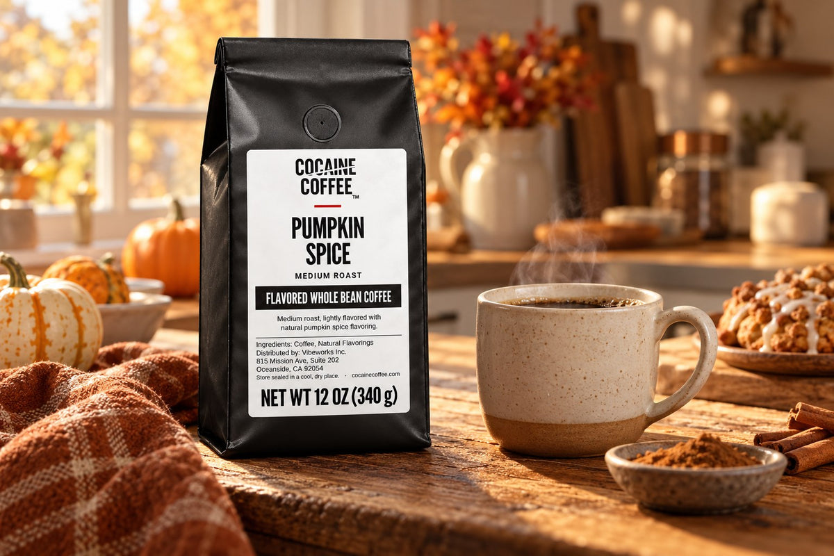 Pumpkin Spice coffee bag with a freshly brewed cup
