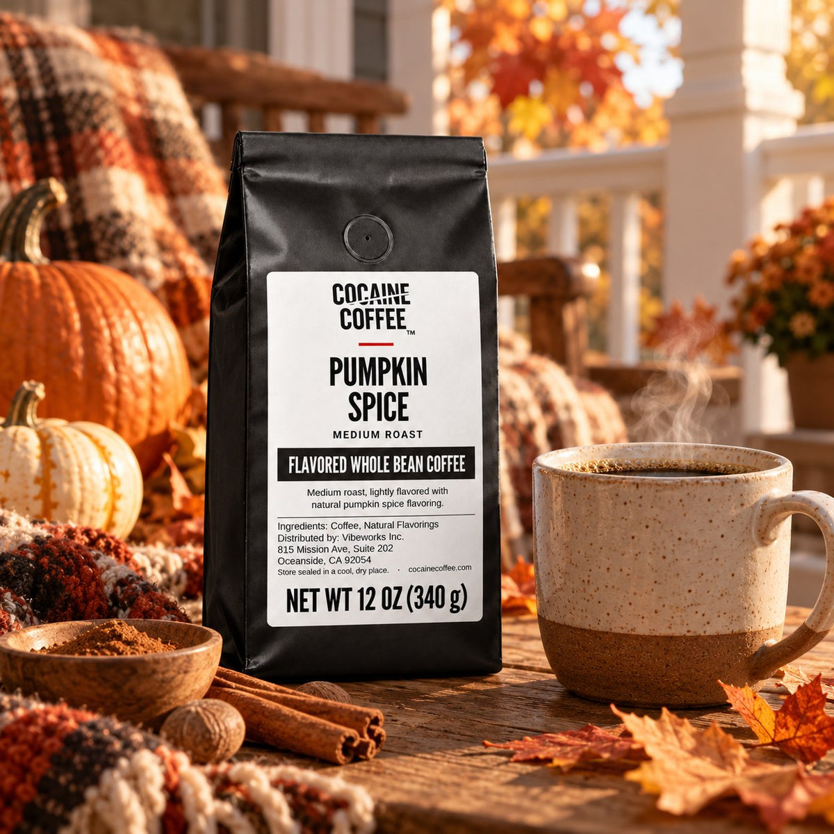 Pumpkin Spice coffee bag on the table with a cup of coffee