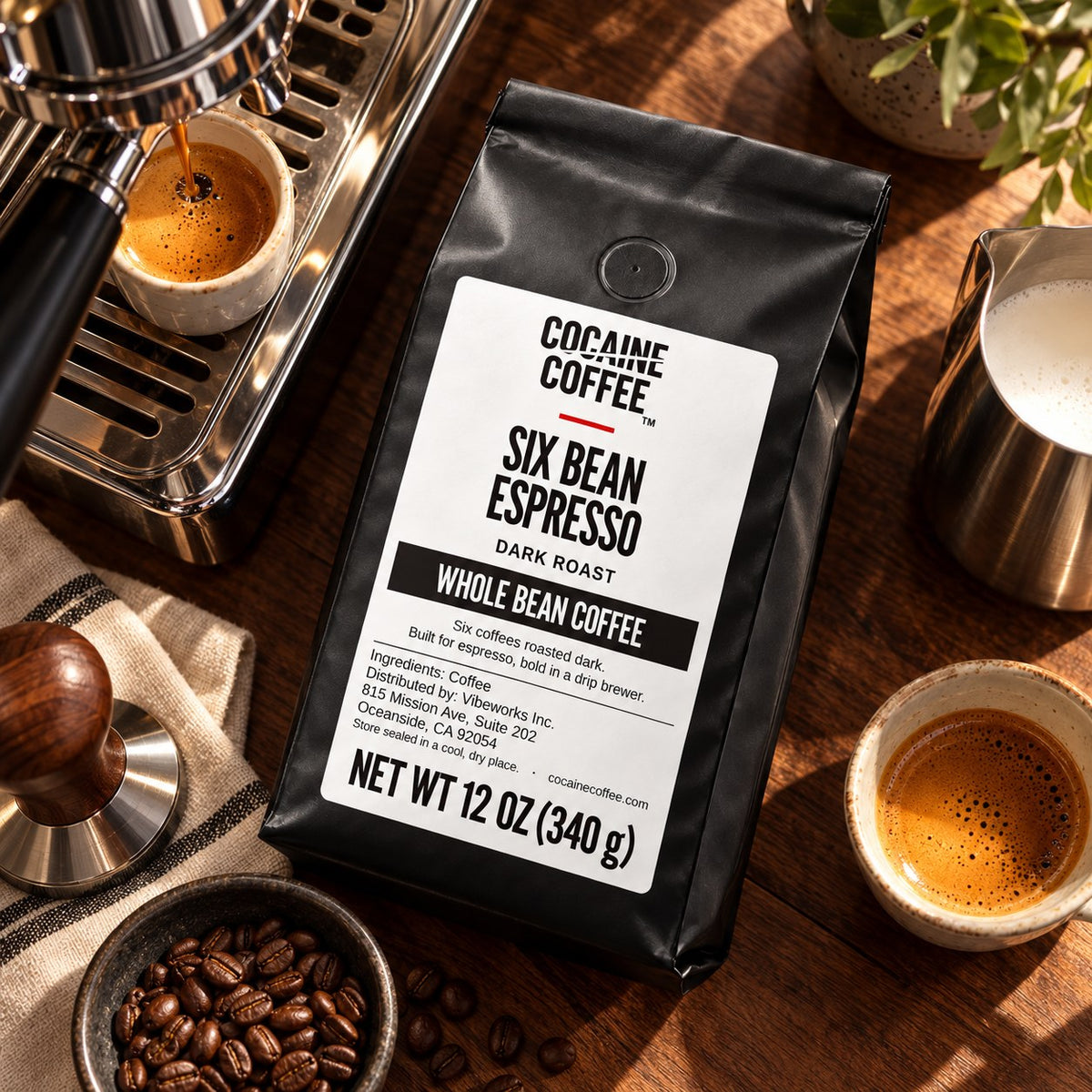 Six Bean Espresso coffee bag with beans and a cup, top view