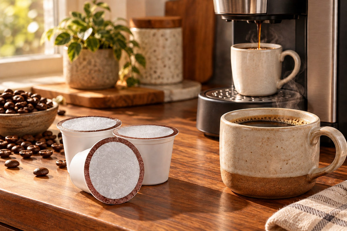 Six Bean Espresso single-serve cups beside a mug of coffee