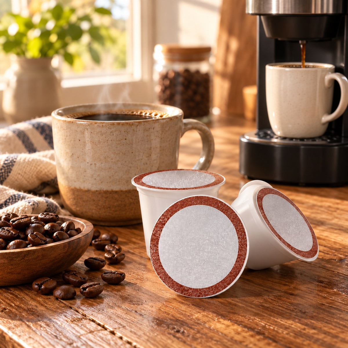 Single-serve cups and a fresh mug of Six Bean Espresso