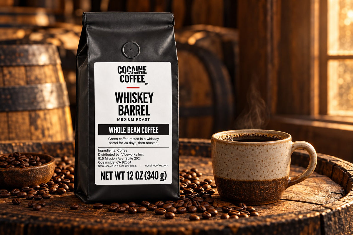 Whiskey Barrel coffee bag with a freshly brewed cup