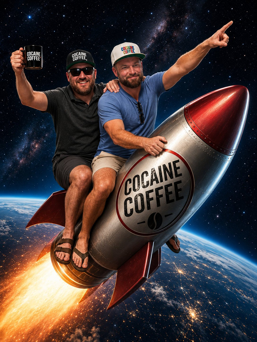 Illustration of Ryan and JD riding a Cocaine Coffee rocket through space