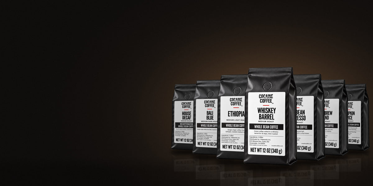 Cocaine Coffee new roasts lineup: Whiskey Barrel, Ethiopia, Six Bean Espresso, Bali Blue, Cold Brew Blend, House Decaf and Pumpkin Spice